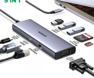 Bộ chuyển đổi USB C 9 trong 1 Ugreen 90119, hỗ trợ xuất 2 cổng HDMI + USB + LAN Gigabit + PD 60W + SD/ TF